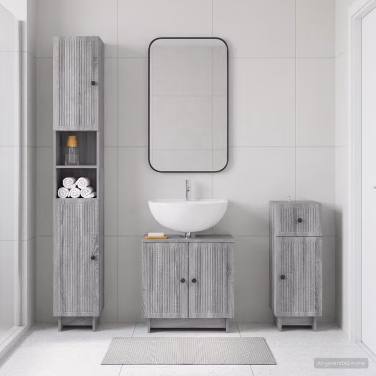 Set di 3 armadietti da bagno moderni vidaXL in legno grigio opaco con vanità, colonna alta e mobile laterale