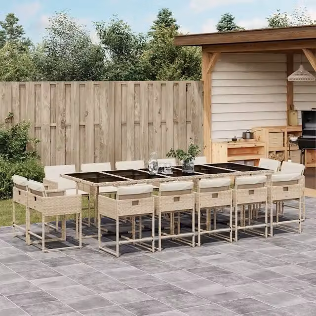 Set da Pranzo da Giardino 15 pz con Cuscini Beige in Polyrattan 3211414