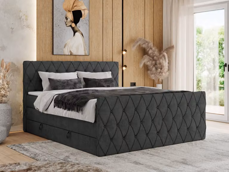 Letto boxspring MKS MEBLE 140 x 200 cm con contenitore, letto 140 x 200 cm con materasso H3, letto boxspring 140 x 200 cm con topper - Miren King Duo - Grigio scuro strutturato - H3