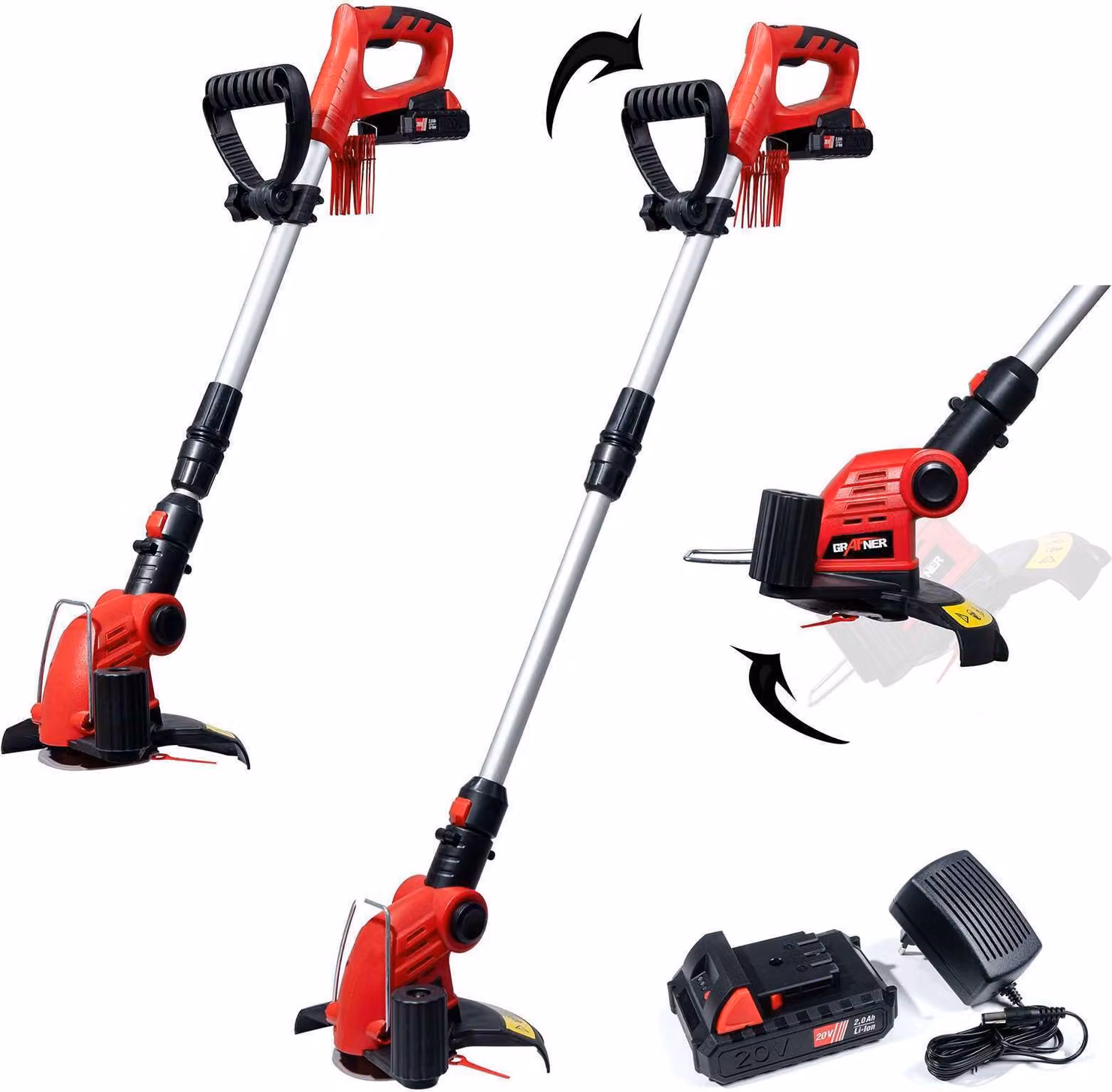 Tagliabordi a batteria Grafner 2in1 con lama in plastica, batteria agli ioni di litio da 20 V, caricabatterie rapido, funzione EDGE per bordi puliti, impugnatura telescopica, testa del motore rotante e inclinabile, barra di protezione delle piante pieghev