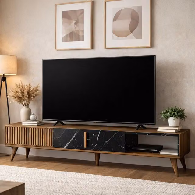 Mobile porta TV Gordon DMORA moderno in legno marrone e nero L 180 x P 35 x H 40 cm – 1