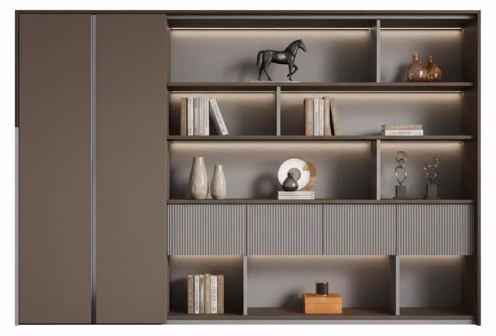 Armadio moderno per ufficio, dotato di illuminazione a LED e di una struttura elegante