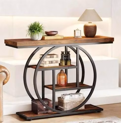 Tavolo consolle industriale a 4 livelli in legno e metallo 105 x 30 x 80 cm