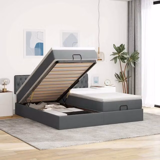 Letto moderno vidaXL con contenitore a sollevamento, base con illuminazione sottostante e porta di ricarica USB, rivestimento in tessuto grigio e bianco, L/P/H: 203 x 160 x 88 cm