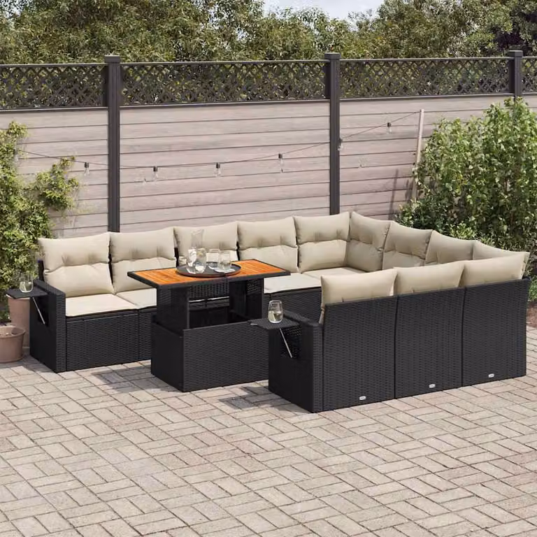Set di divani da giardino vidaXL 11 pezzi in polyrattan nero con cuscini e tavolino da esterno a forma di U
