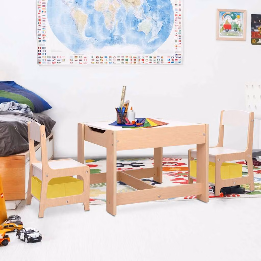 Set da tavolo per bambini vidaXL con 2 sedie in MDF, bianco e marrone, L/P/H: 62 x 62 x 48 cm