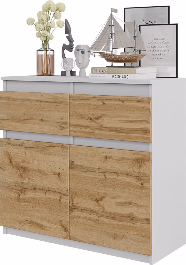 FURNICA - NOAH - Cassettiera / credenza con 2 cassetti e 2 ante - Bianco opaco / Rovere Wotan H75cm L80cm P35cm