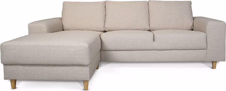 Divano nordico con chaise longue girata a sinistra in beige chiaro.