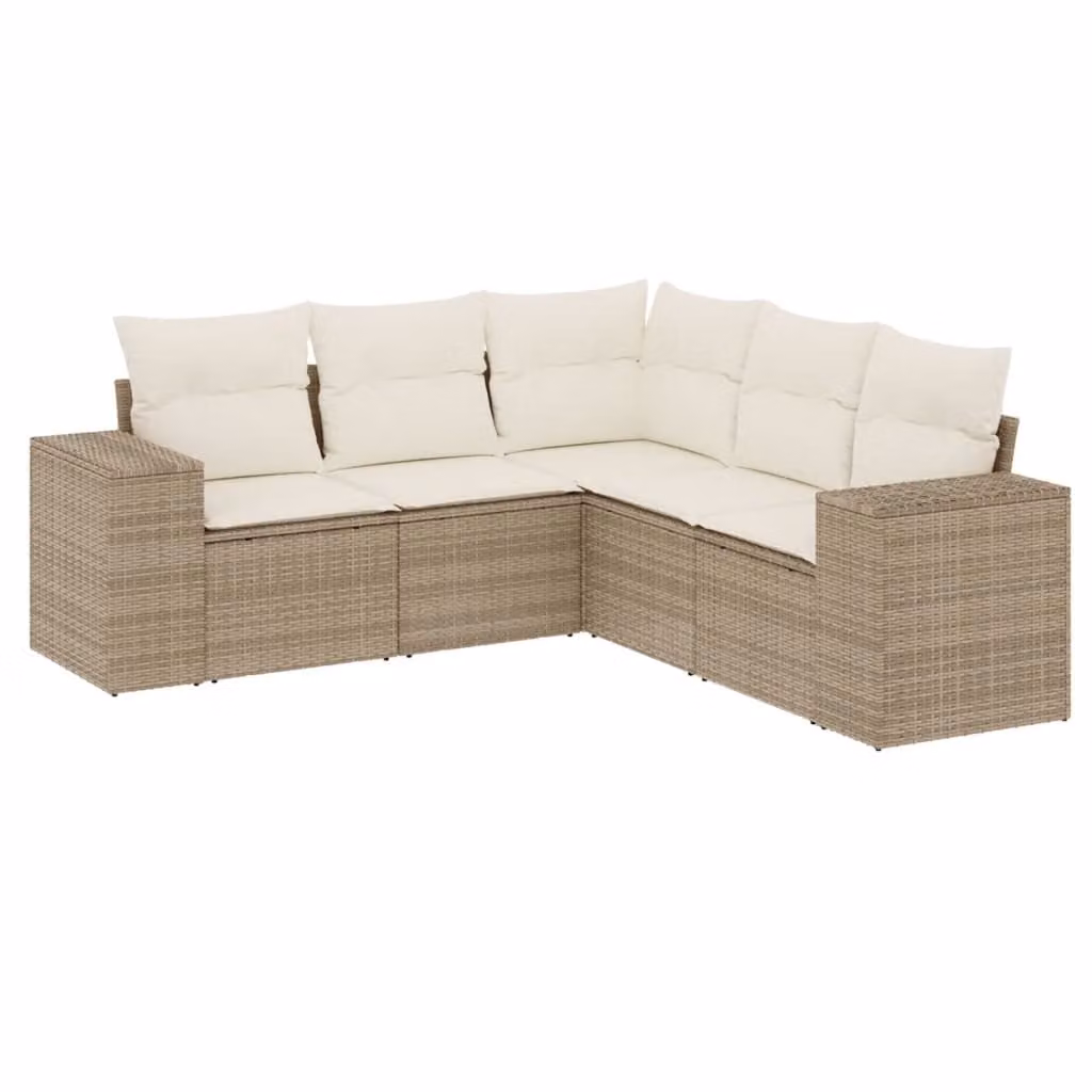Set Divano da Giardino 5 pz con Cuscini Beige in Polyrattan