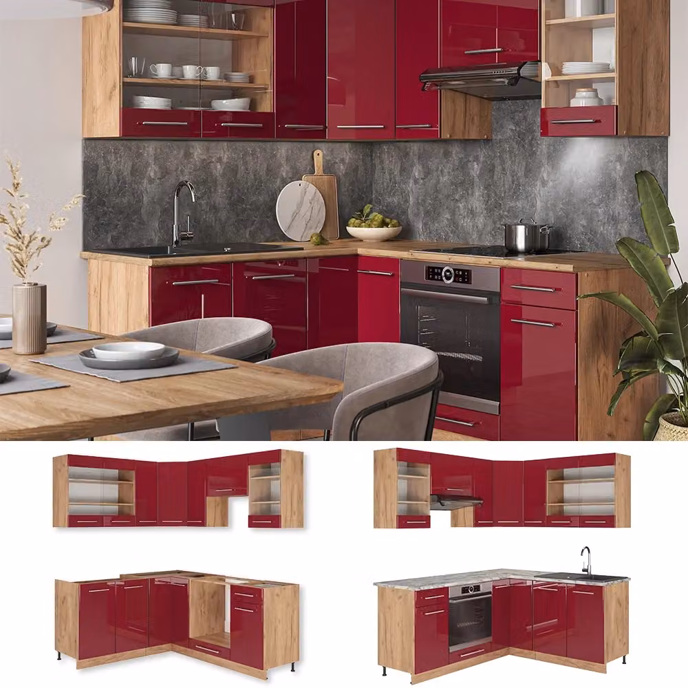 Cucina angolare moderna Vicco Fame-Line Bordeaux lucido e Rovere dorato L/P/H: 190 x 160 x 60 cm – 2