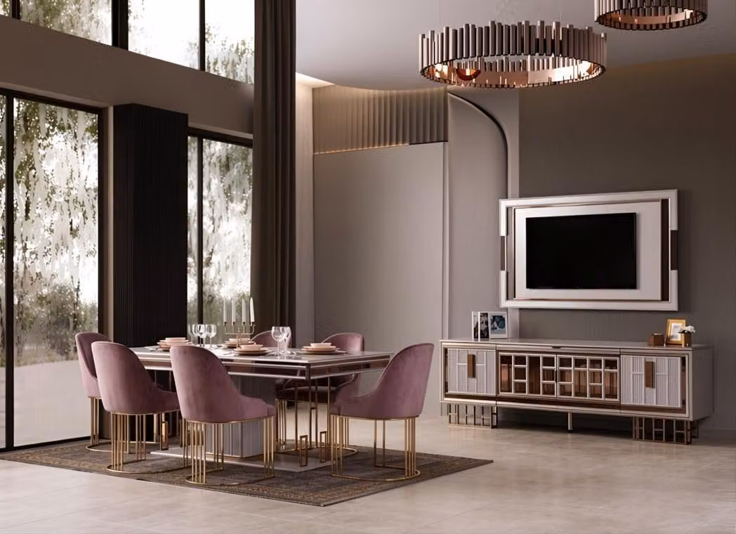 Set per sala da pranzo: tavolo da pranzo, 6 sedie, mobile TV, colore beige, stile moderno, elegante