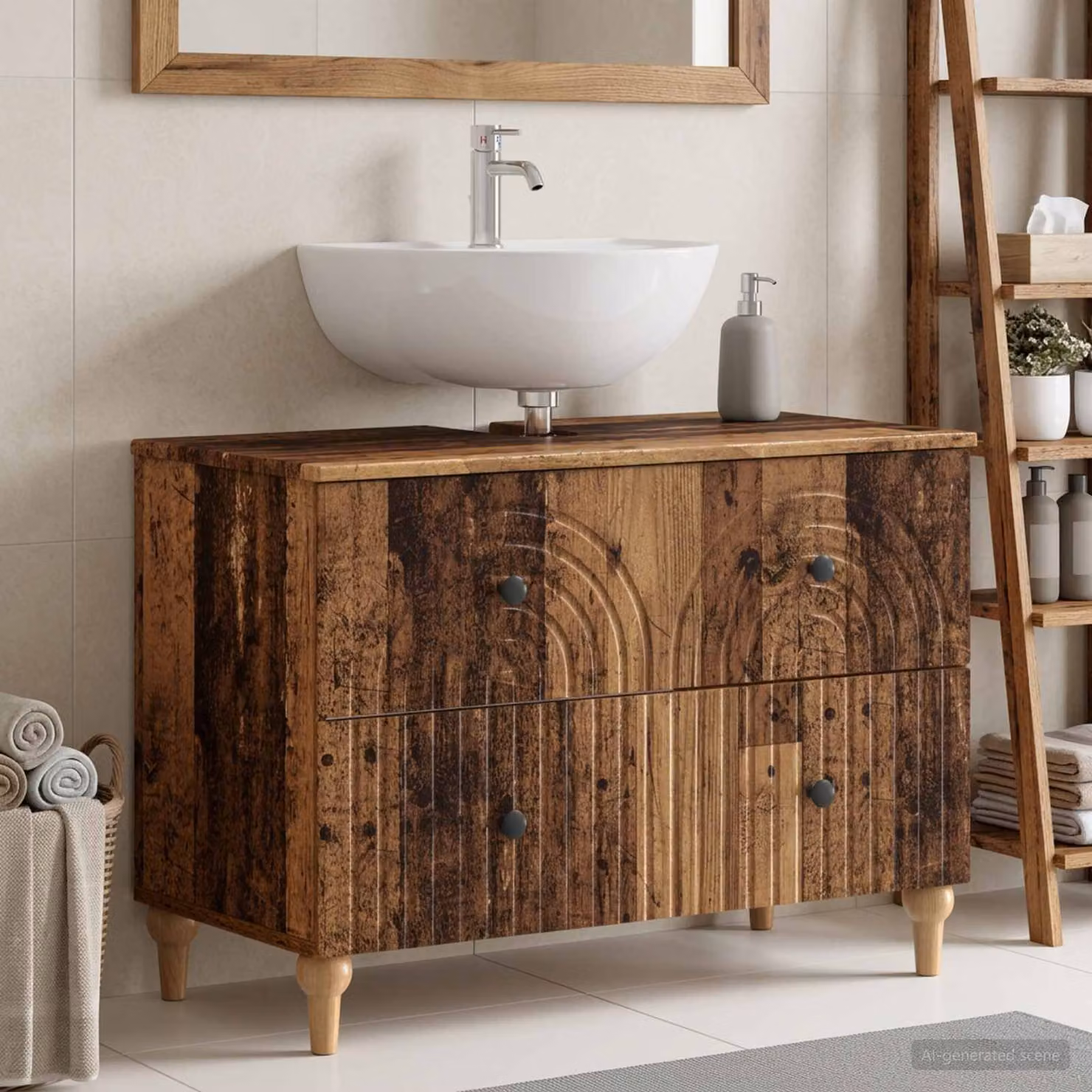 Armadio per lavabo da bagno vidaXL ALKMAAR in legno antico marrone con cassetti e ante