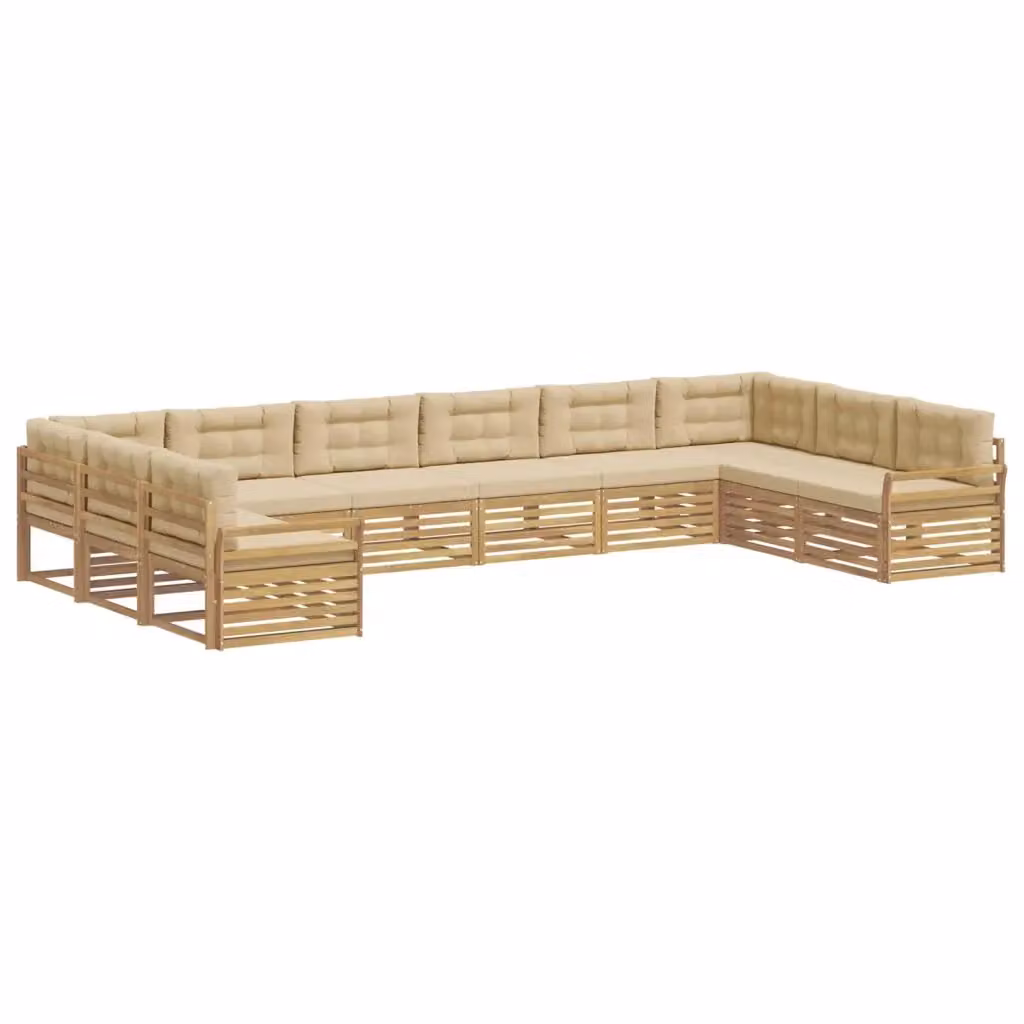 Set di divani da giardino a L vidaXL in legno di acacia con cuscini, Bianco e Beige – 2