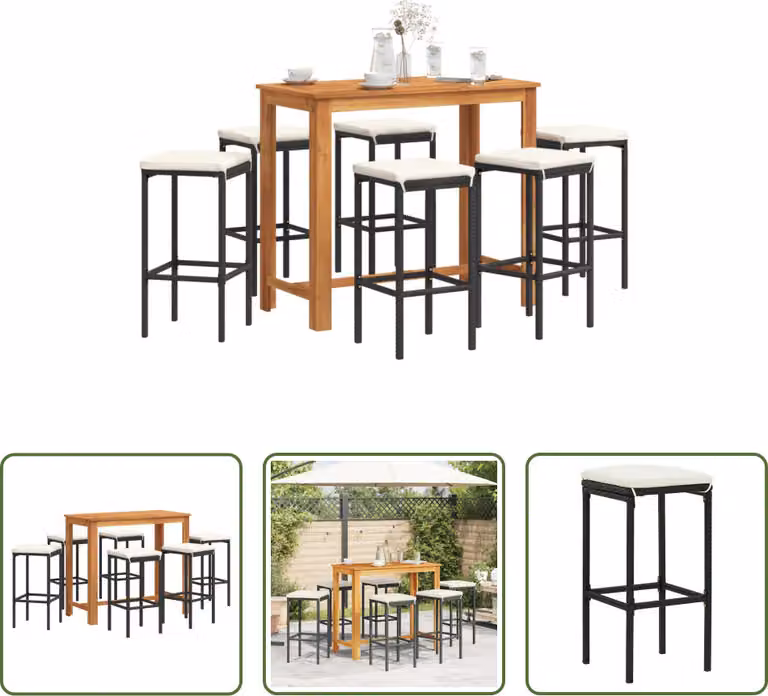 The Living Store Set bar da giardino 7 pezzi in legno massiccio nero di acacia e poly rattan