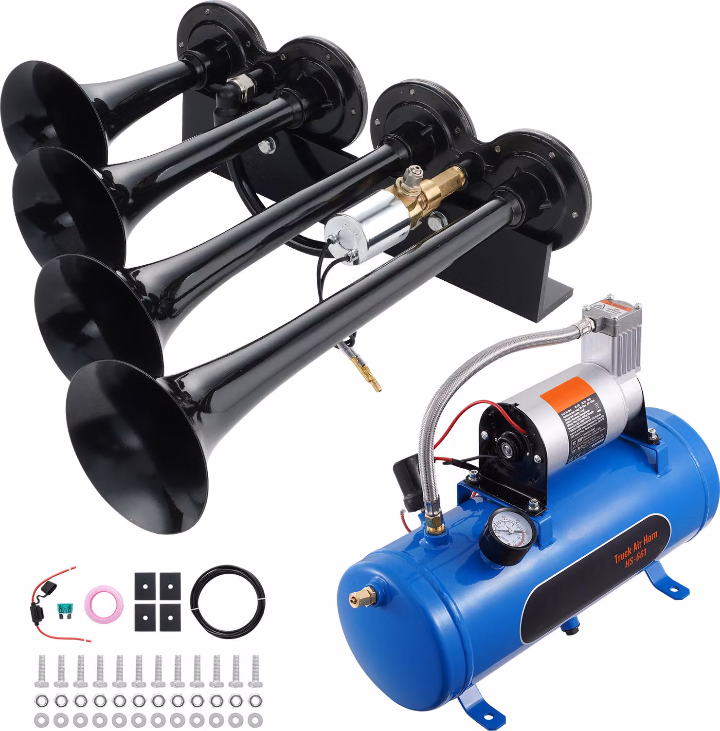 SucceBuy Set di trombe d'aria a 4 trombe, tromba d'aria da 150 dB con compressore da 12 V e 120 psi, serbatoio da 1,6 galloni e manometro per pickup, auto, furgoni, imbarcazioni
