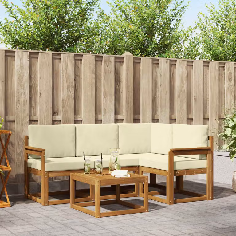 Set di divani da esterno vidaXL a forma di L con tavolo da caffè, in legno di acacia trattato e tessuto beige e bianco, 5 pezzi