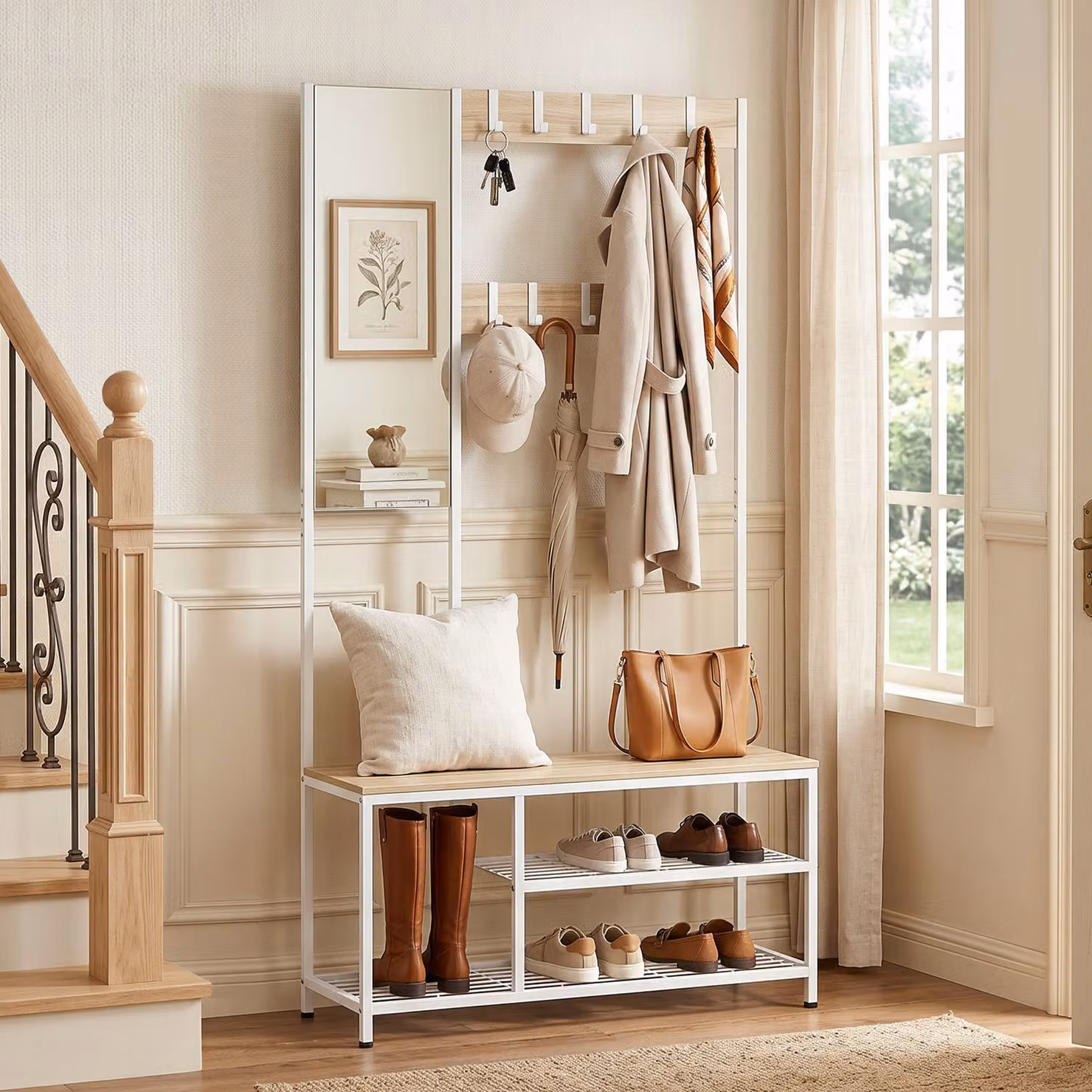 Panca da ingresso 4-in-1 HOMCOM con specchio e porta abiti in legno e metallo, finitura naturale marrone e bianco – 2
