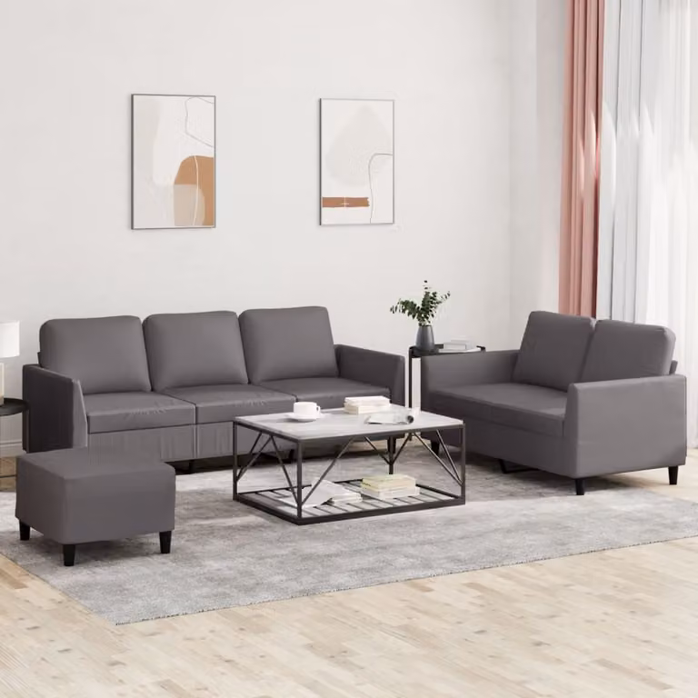 Set di divani vidaXL 3 pezzi in similpelle grigio con pouf e cuscini per soggiorno moderno
