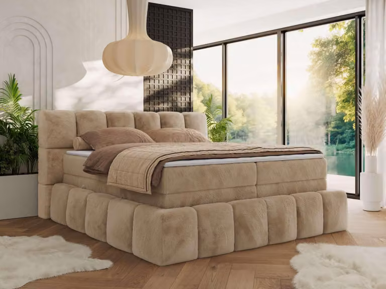 MKS MEBLE letto a molle insacchettate 160 x 200 con cassetto NIRA KING, letto imbottito a 7 zone con materasso e topper, letto matrimoniale - Peluche beige - H4