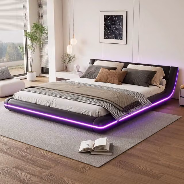Letto Similpelle con LED ¨C Minimal ¨C Nero 160x200cm