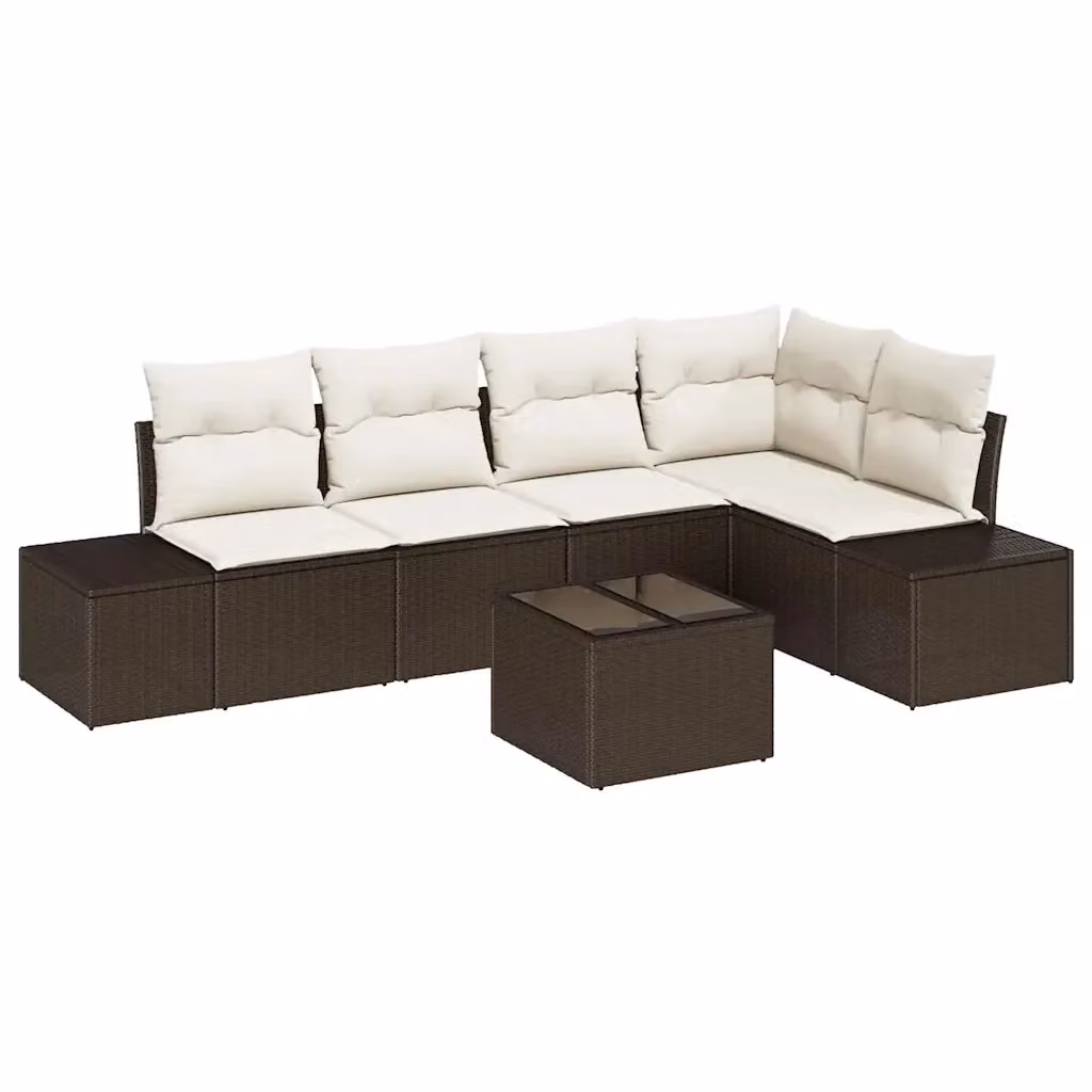 Set Divano da Giardino vidaXL 6 Pezzi a Forma di L in Polyrattan Marrone e Beige con Cuscini e Tavolino – 2