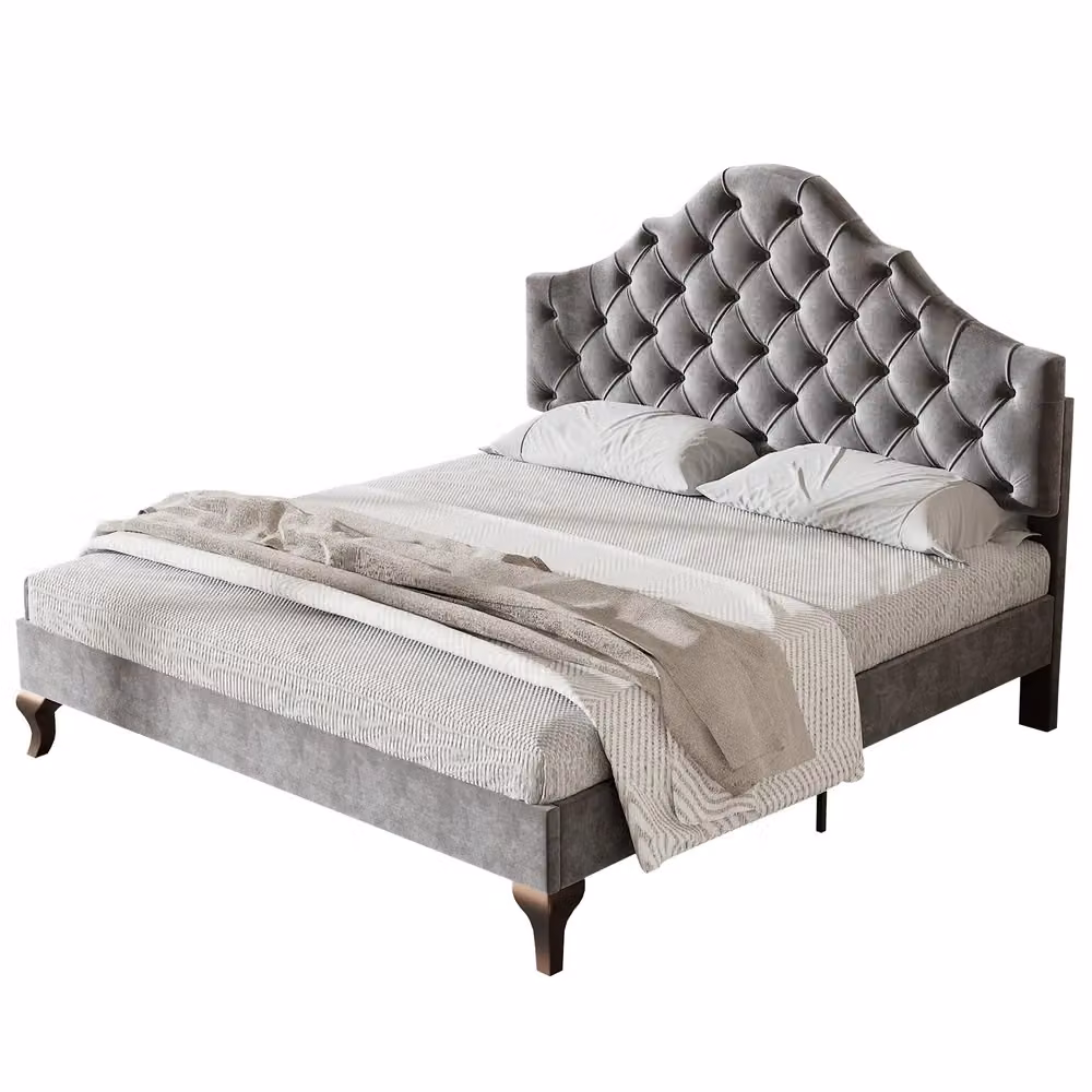 Letto imbottito Minimal con rete a doghe e testiera regolabile in velluto grigio L/P: 140 x 200 cm – 2