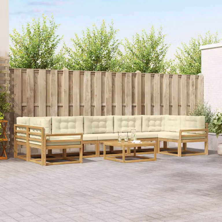 Set di divani da esterno vidaXL a forma di L in legno di acacia con tavolo da caffè, 6 pezzi, Bianco e Beige
