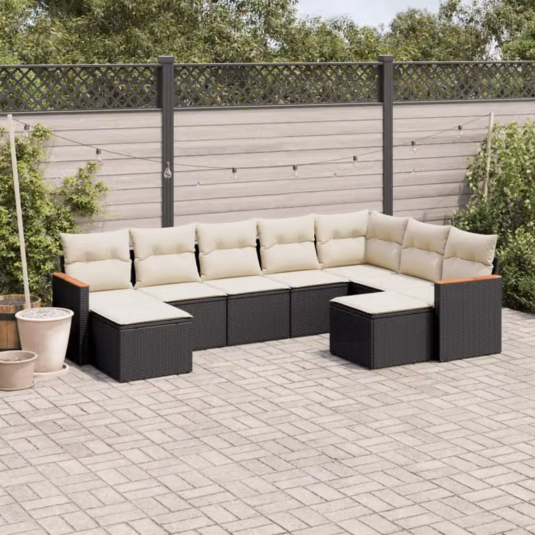 vidaXL Set Divani da Giardino a L 9 pz con Cuscini, Polyrattan e Acciaio Verniciato, Nero e Bianco