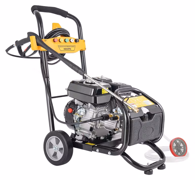 Idropulitrice, potenza 7,5 cavalli, 5 ugelli, colore nero, pressione 2465 PSI, alimentazione a benzina