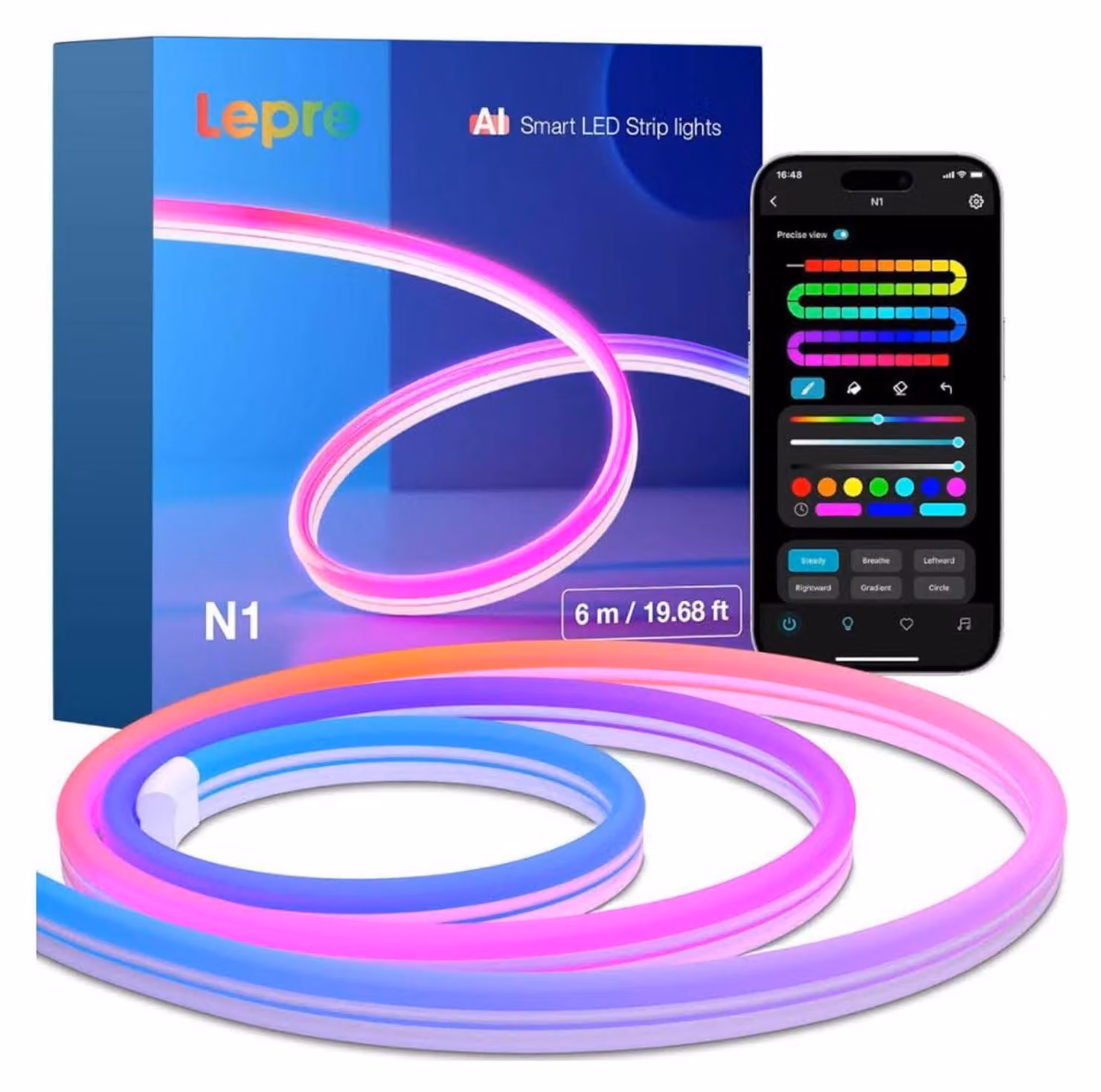 Lepro AI Neon LED Strip N1, 6 m, striscia LED, controllo tramite app, forme fai da te, sincronizzazione musicale, Alexa e Google Assistant, ideale per salotti e feste.