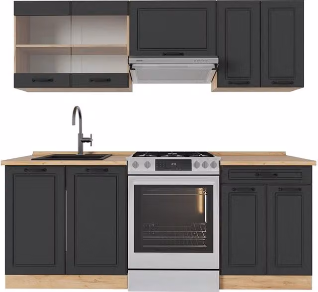 Cucina componibile Vicco R-Line in stile rustico, colore Antracite e Rovere, L: 200 cm – 1