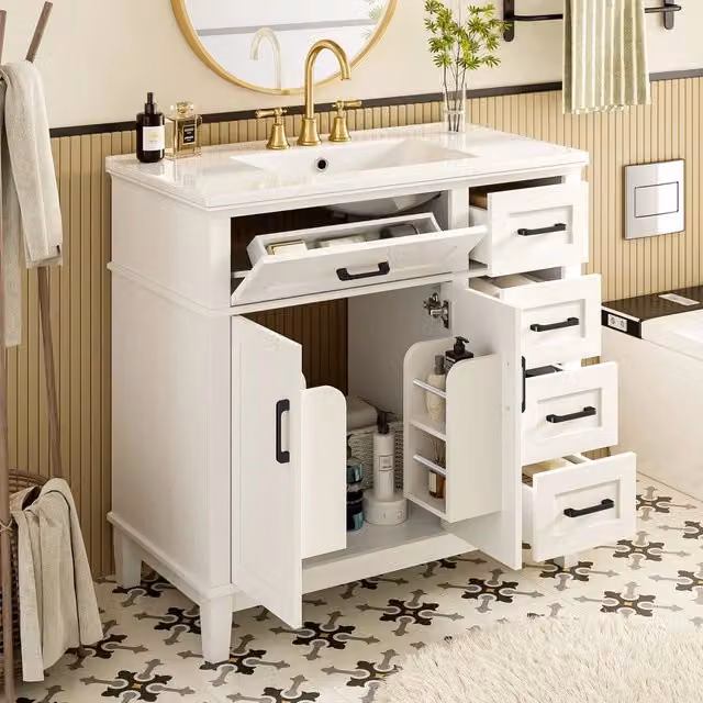 Mobile Bagno con Lavabo in Ceramica e Cassetti ¨C Xylo ¨C Bianco, Gambe in Massello, 90x46x87