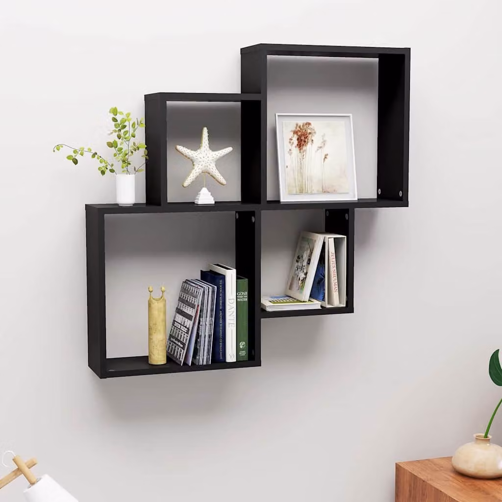 vidaXL Mensola da Parete a Cubo Moderna in Legno e MDF Nera L: 80 cm, P: 15 cm, H: 78,5 cm