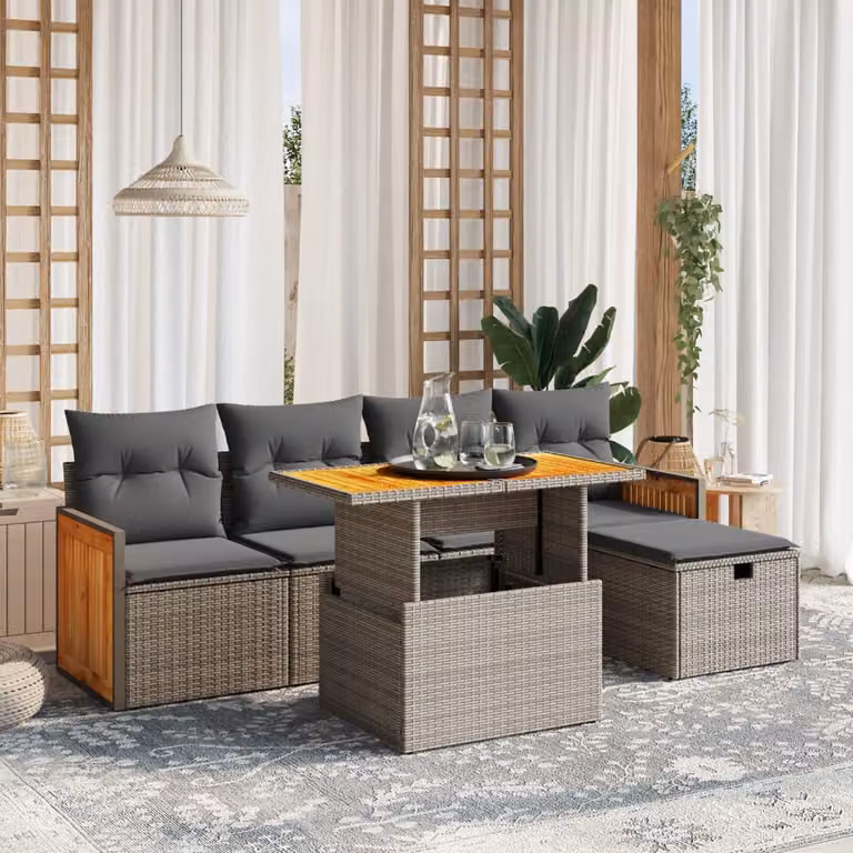 vidaXL Set Divano da Giardino a L 6 pz in Polyrattan Grigio con Cuscini e Tavolino da Esterno