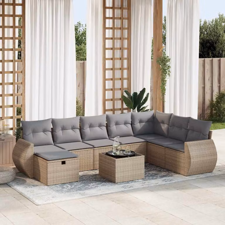 Set Divano da Giardino vidaXL 9 pz in Polyrattan Beige con Cuscini e Tavolino per Terrazza e Balcone