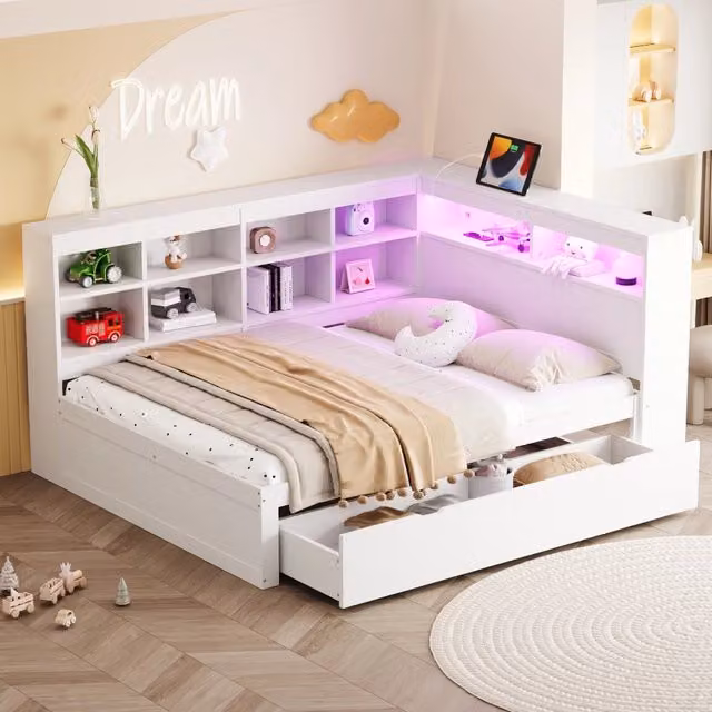 Letto in legno massello 140x200 cm multifunzione con cassetti, ripiani, presa USB e luce LED, bianco