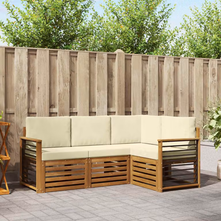 Set di divani da esterno vidaXL a forma di L con cuscini, struttura in legno di acacia e tessuto beige e bianco