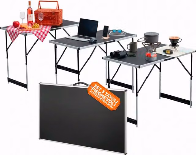 Set di 3 Tavoli Pieghevoli Zendea con Altezza Regolabile e Struttura in Metallo, Colore Nero
