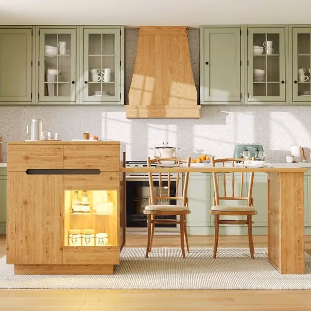 Carrello da cucina con tavolo estensibile, LED con app e telecomando, cassetti e vano a vetro, per cucina e sala da pranzo