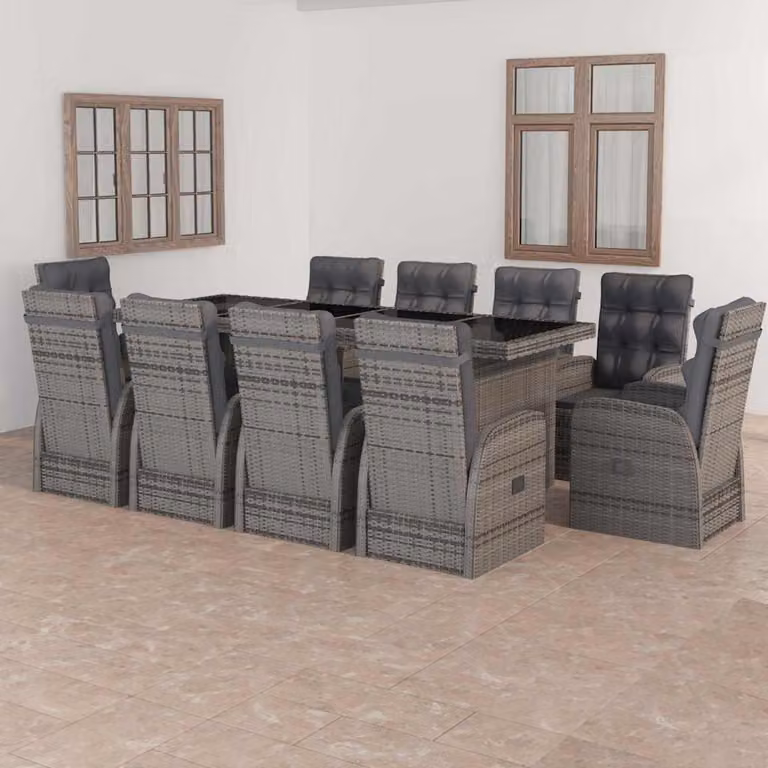 vidaXL Set da Pranzo da Giardino Moderno in Polyrattan e Metallo con Piano in Vetro, 11 pz, Grigio