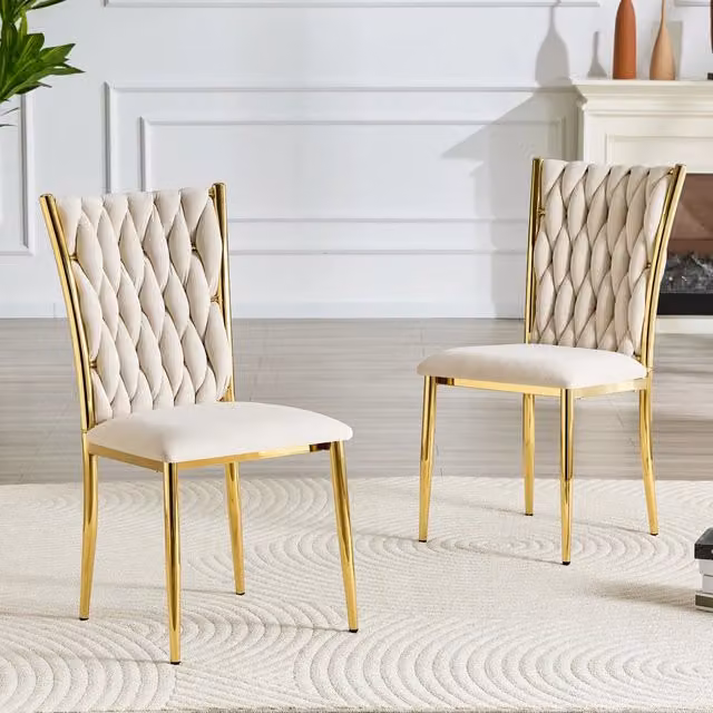 Sedia da pranzo moderna WISHDOR in velluto beige con gambe in metallo oro