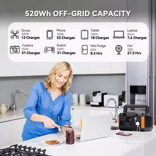 Generatore portatile a batteria con pannello solare - 520Wh di capacità di accumulo - inverter con onda sinusoidale pura - multiple prese