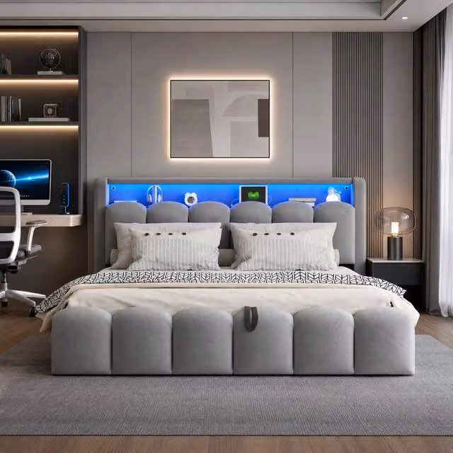 Letto matrimoniale imbottito ULEVR 180x200 cm con contenitore idraulico, LED, USB e Type-C, velluto grigio