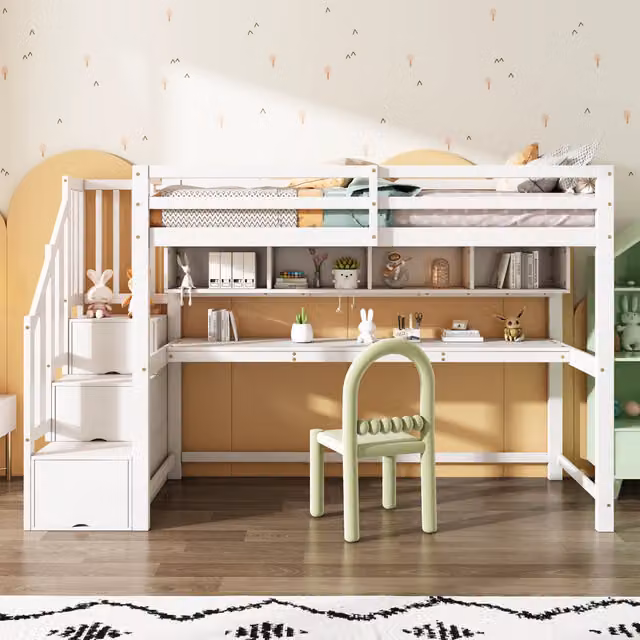 Letto a soppalco bambino 90×200 cm con scala contenitore, scrivania e ripiani, senza materasso, legno e MDF, bianco