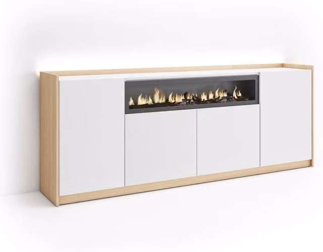 Credenza, Mobile, Cucina, 207x80x37 cm, 4 Porte, Camino elettrico, LED, Bianco e Rovere soft