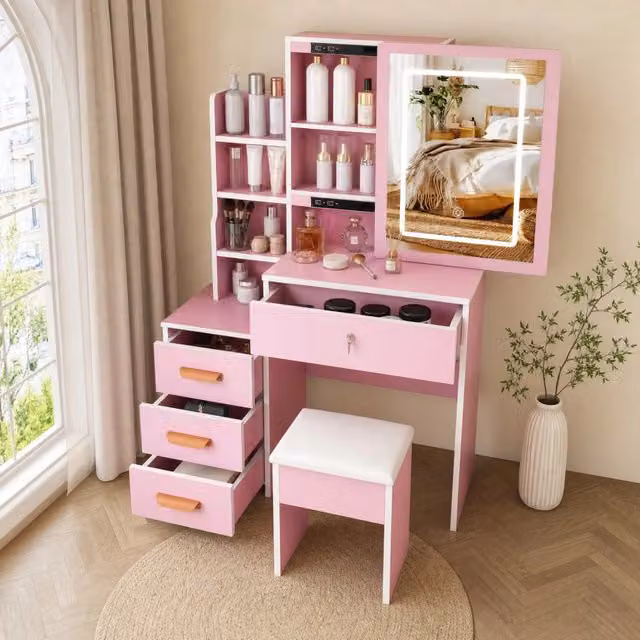 Tavolo da Trucco Rosa con Specchio Illuminato a 3 Toni e Sgabello, 4 Cassetti, 85x130x36 cm