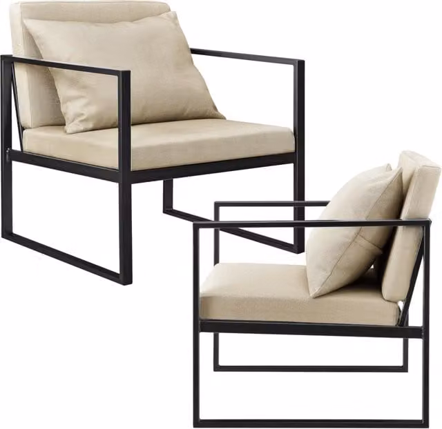 Set di 2 Poltrone en.casa con Telaio in Metallo e Cuscini Imbottiti in Tessuto Beige e Nero