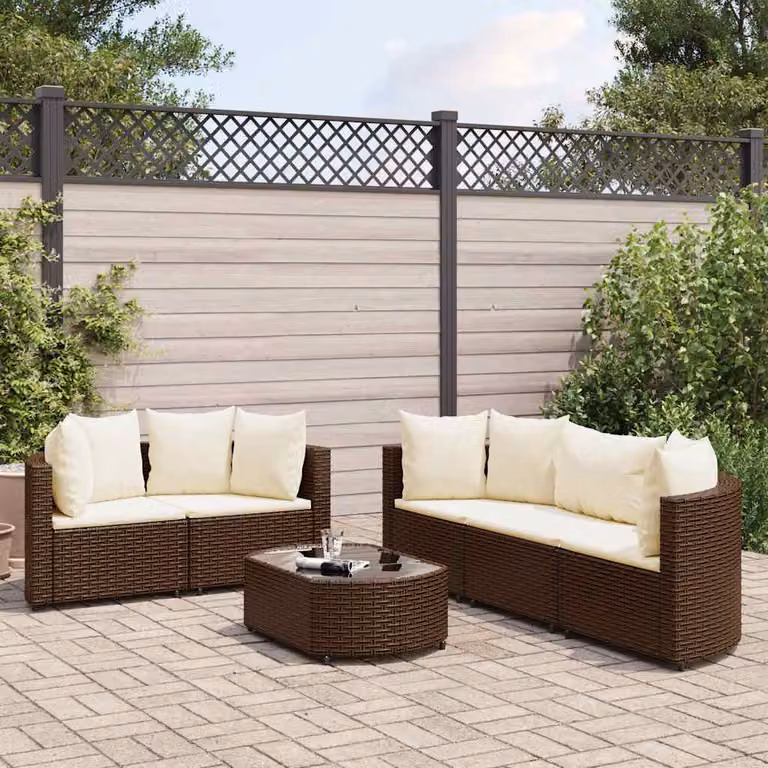 Set Divano da Giardino vidaXL 6 pz a Forma a L con Cuscini e Tavolino, Polyrattan e Metallo, Marrone