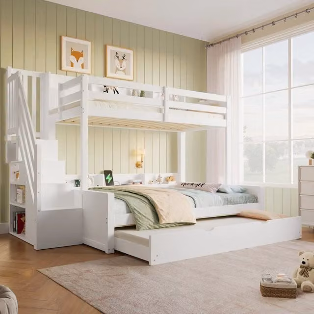 Letto a castello 90x200 cm con letto inferiore 140x200 cm; estraibile e USB; bianco
