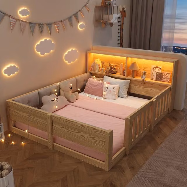 Letto a sbarre per bambini con luci LED ¨C Minimal ¨C 140x200 cm, legno naturale, lati imbottiti, senza materasso